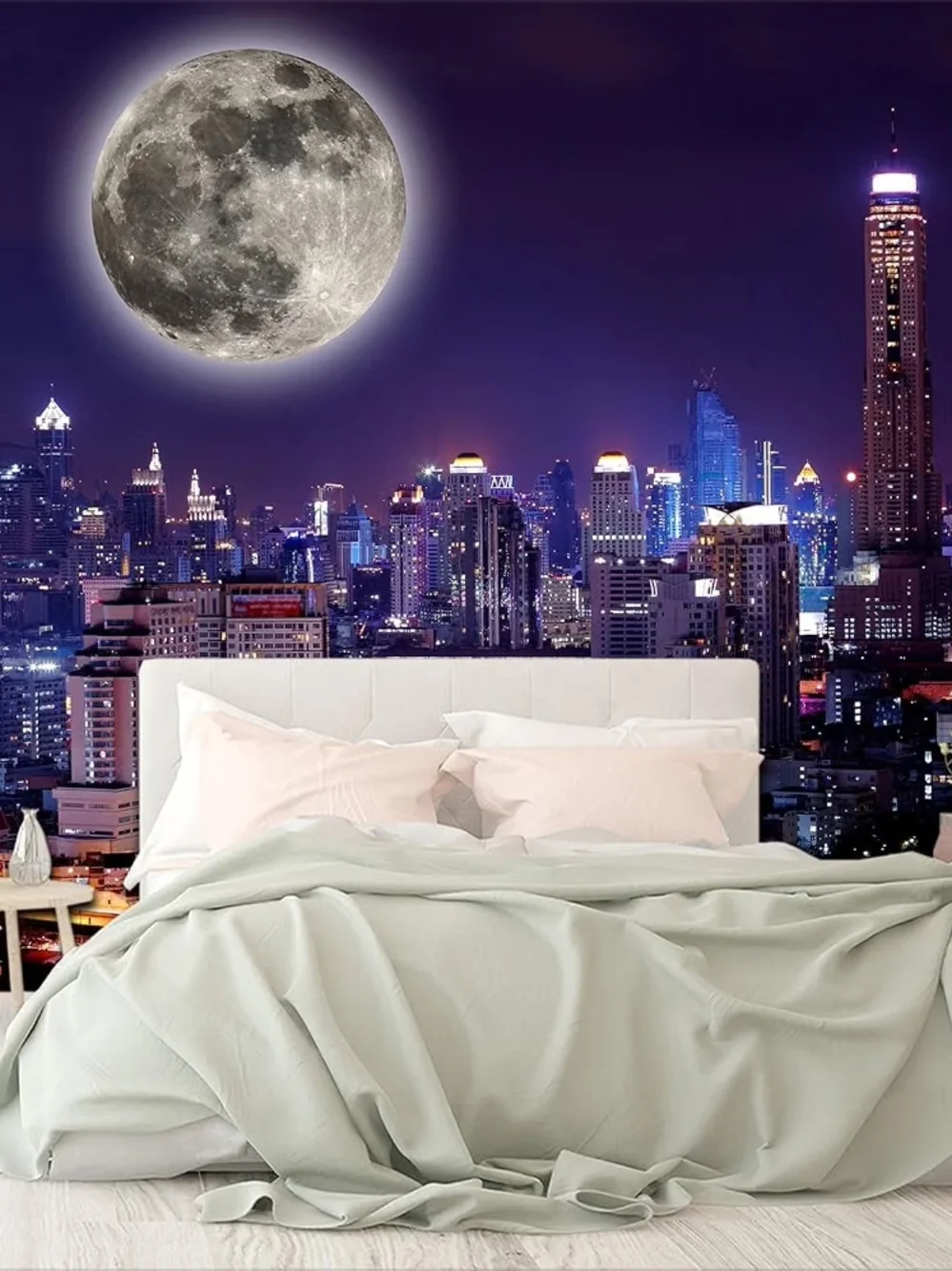 City Night View the Moon Nursery Room Fabric Wallpaper